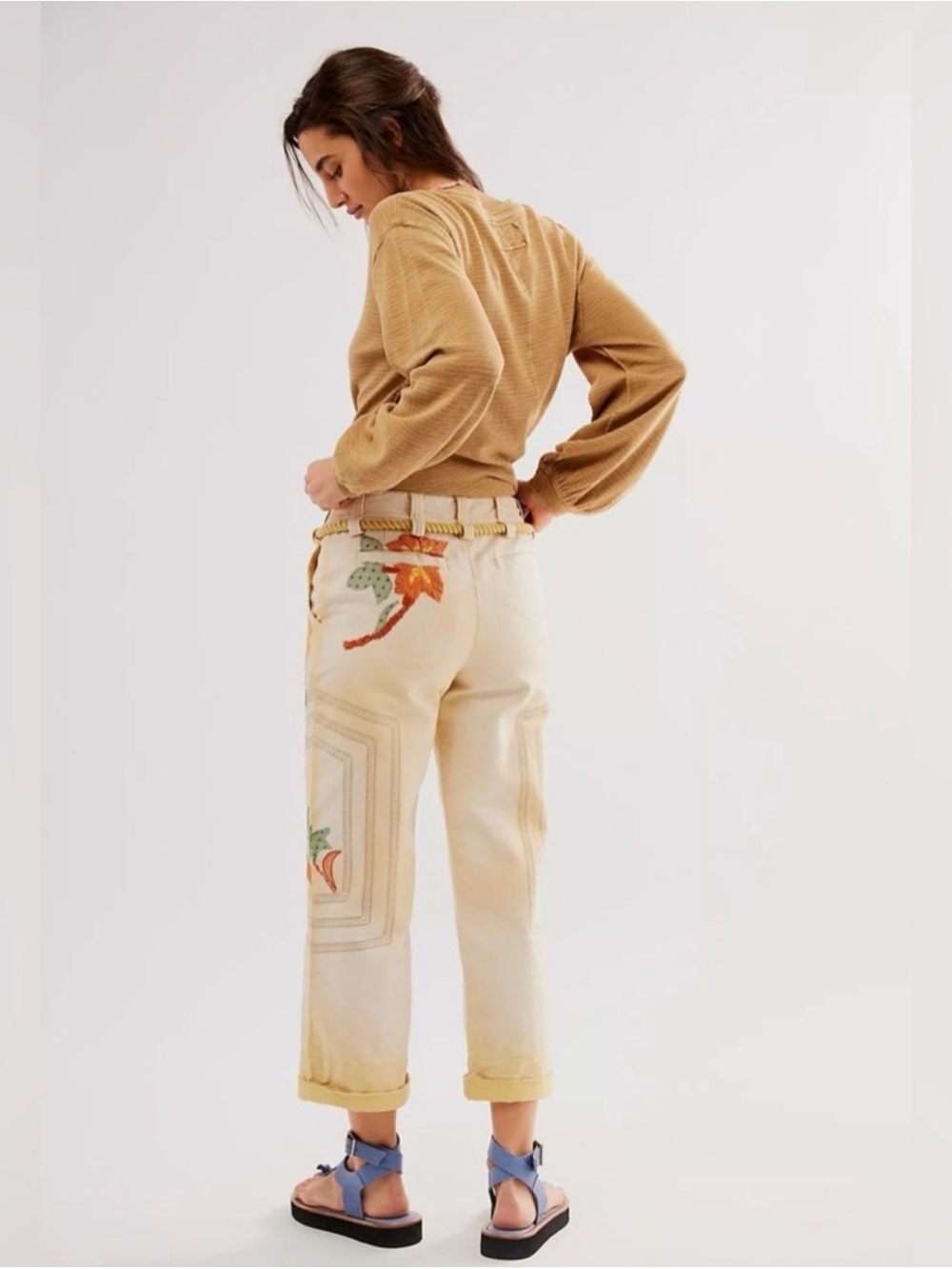 Free People Low-Rise Embroidered Wide-Leg Drawstring Pants Electric Sands 6 - Picture 13 of 14